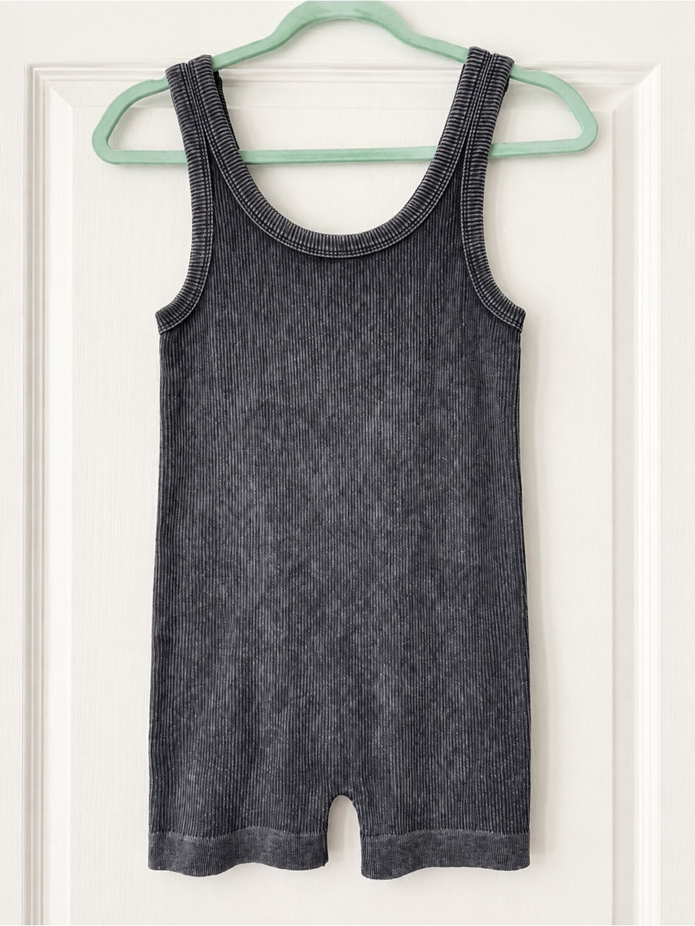 Zenana Ribbed Washed Charcoal Seamless Sleeveless Romper Bodysuit L/XL Lounge